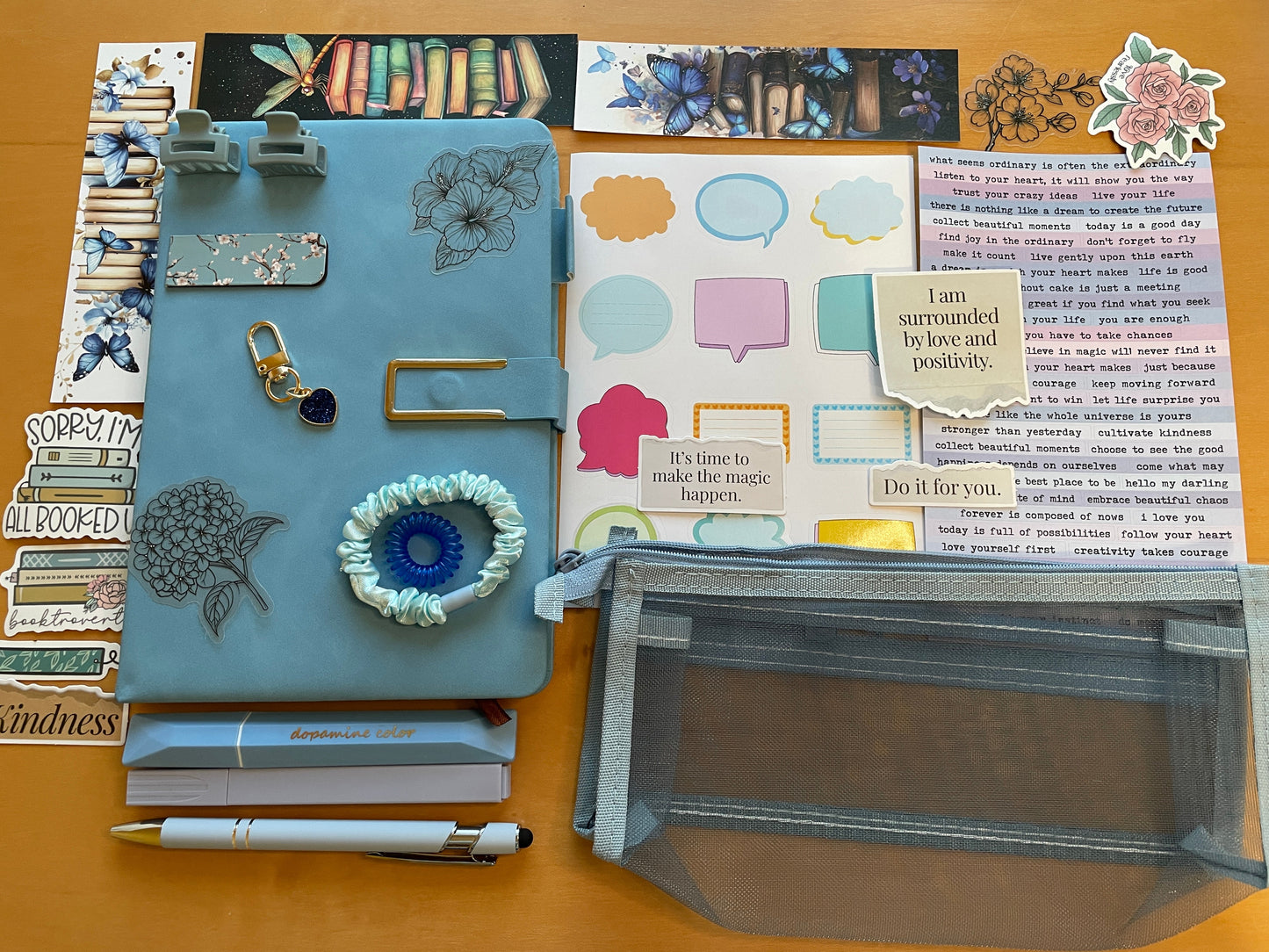 Bookish stationery gift box in soft blue with A5 planner, pen, stickers, bookmarks, keychain, pencil case, and accessories — perfect gift for journaling, study, or work.