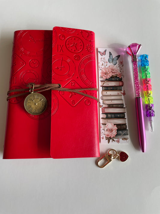 Red bookish stationery gift box with embossed A6 vintage journal, pen, bookmark and heart keychain